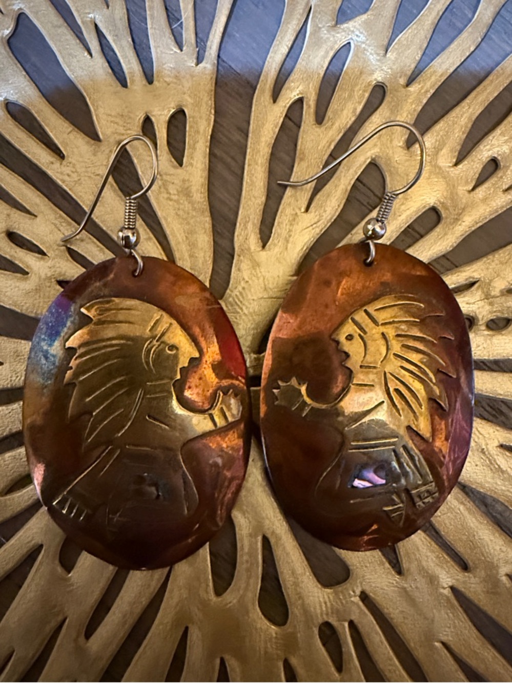 Handcrafted Mexican Copper and Brass Earrings with Abalone Inlay - Picture 2 of 9
